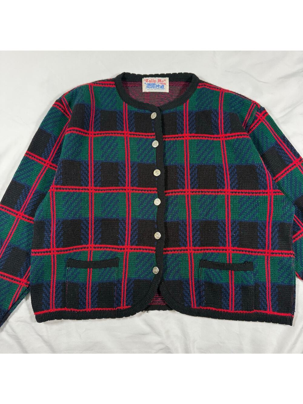 Vintage Tally-Ho plaid cardigan sweater‎ green navy red size medium